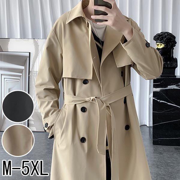 トレンチコート 春秋向き ロング コート 長袖 ポケット付き 体型カバー スプリングコート 韓国風 メンズファッション 通勤 ブラック M~5XLの通販は