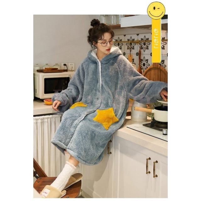 ルームウェア レディース 秋冬 長袖ワンピース 前開きパジャマ