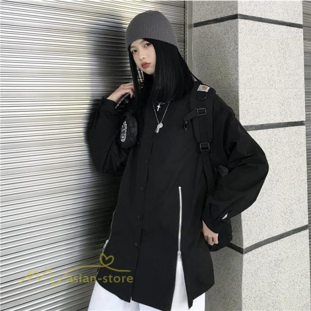 トップス レディース シャツ 長袖 ワイドシャツ ゆったり 黒