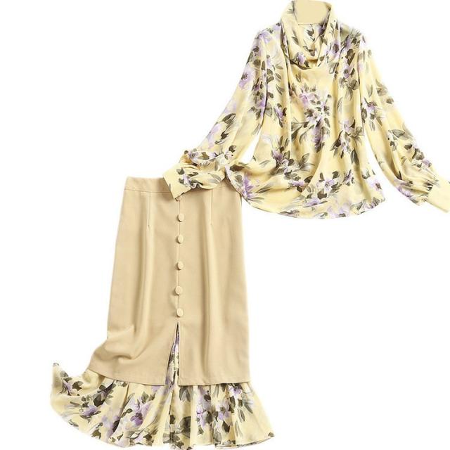 スーツ セットアップ ツーピース トップス ブラウス スカート 2点セット花柄 レイヤード ママ 母親 20代 30代 40代 OL 通勤 スーツ セットアップ ツーピース トップス ブラウス スカート 2点