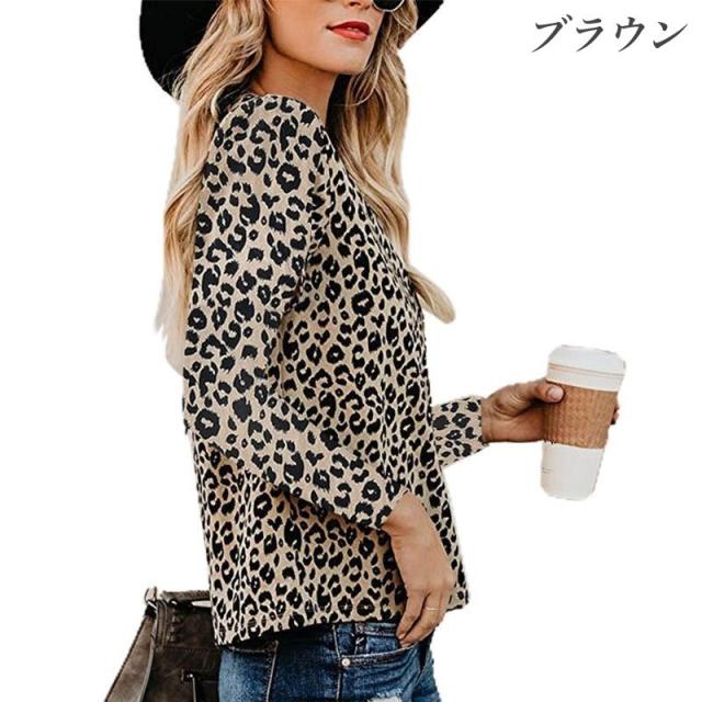 長袖カットソー レディース 女性 トップス クルーネック ヒョウ