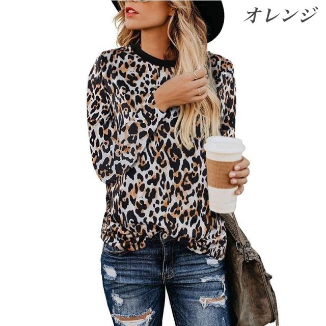 長袖カットソー レディース 女性 トップス クルーネック ヒョウ
