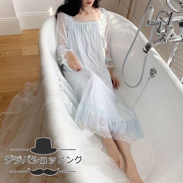 レディース 白い 姫系 長袖 パジャマ 綿 レース チュール ワンピース 
