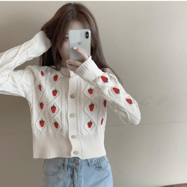 21年春秋新作 ニットカーディガン レディース ニットアウター イチゴ柄