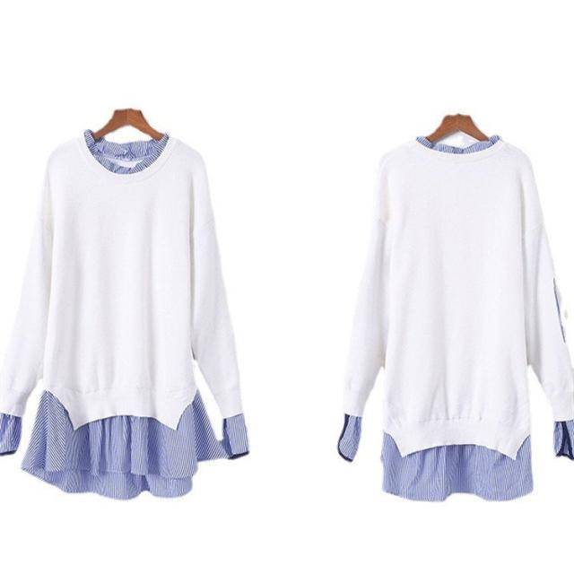 Tシャツ 春 ス ブラウス プルオーバー レディース フェイクレイヤード コーデ Uネック 2色スプライス 長袖 柄 シンプル ゆったり きれいめ 通気性 30代 miyabi36732-03.jpg