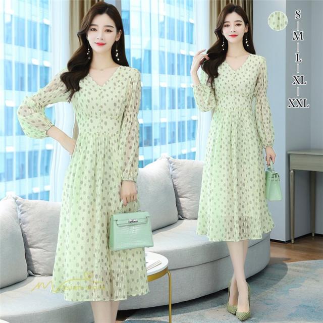 ロングワンピース シフォン ドット柄 レディース パフスリーブ Vネック 長袖 ハイウエスト 韓国風 ガーリー フェミニン シンプル 大人 可愛い Aライン お出かけ ロングワンピース シフォン ドット柄 レディース パフスリーブ Vネック