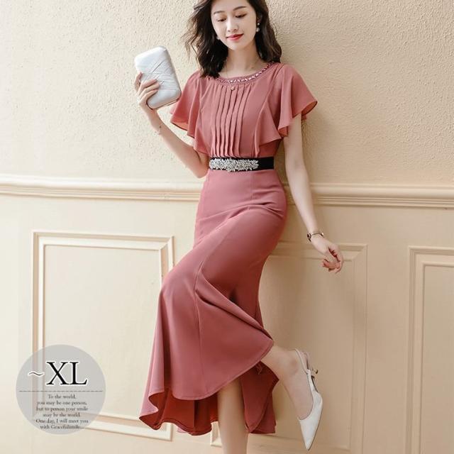 ワンピース ラウンドネック 半袖 袖フリル とろみ アコーディオンプリーツ ウエストマーク ロングワンピース ロマンティック 甘め シンプル 9,410円