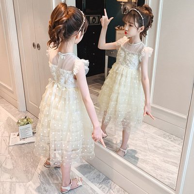 子供服 ワンピース 女の子 夏服 レース韓国半袖星柄刺繍 女の子  キッズ 子ども服 ジュニア ドレス お姫様  柔らかい可愛い おしゃれ お姫様 七五三 誕生日 新品_1