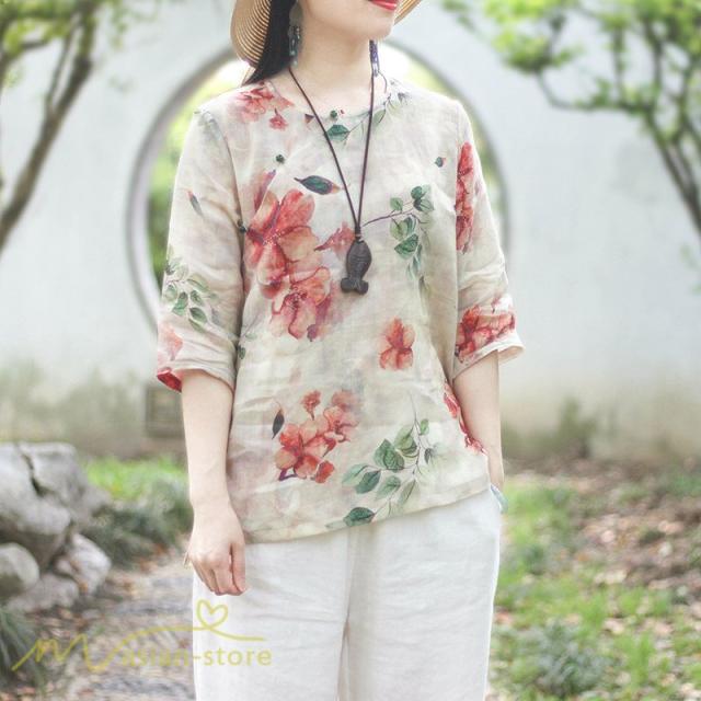Tシャツ レディース カットソー 麻綿 リネン 花柄 カジュアルTシャツ 