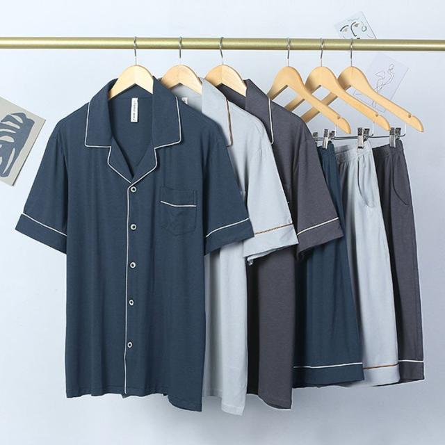 ルームウェア パジャマ メンズ 部屋着 寝巻き 春夏 開襟 半袖 モダール 半ズボン 2点セット セットアップ 大きいサイズ ナイトガウン 上品 3色の通販は