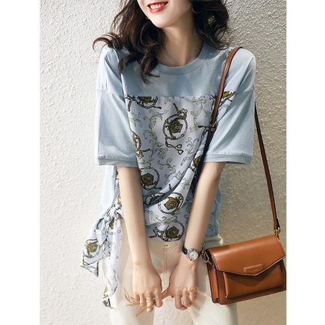 Tシャツ レディース 40代 春夏新作 オシャレブラウス 花柄プリントTシャツ 半袖トップス リボン レション切り替え Tブラウス 大人 通勤 ゆったりTシャツの通販は 6,200円
