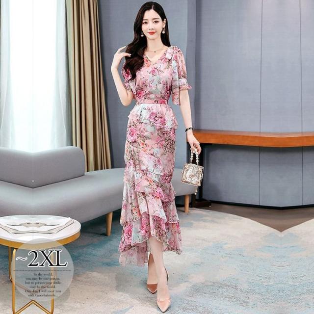 ドレス プリント柄 花柄 Vネック フリル ウエストシェイプ ロングドレス クール 発表会 2次会 パーティースタイル ガーリー キレイ目 ドレス プリント柄 花柄 Vネック フリル ウエストシェイプ ロング