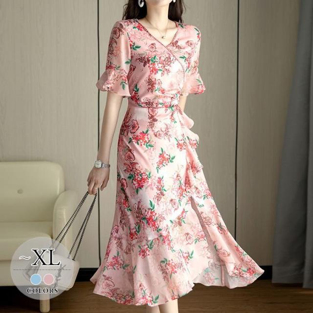 ワンピース 花柄 5分袖 袖口フリル フリル スリット ロングワンピース ヨーロピアン 甘め 食事会 母親 お出かけファッション お出かけ 清楚 ワンピース 花柄 5分袖 袖口フリル フリル スリット ロングワンピース