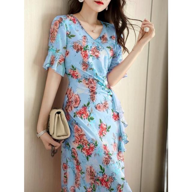 ワンピース 花柄 5分袖 袖口フリル フリル スリット ロングワンピース