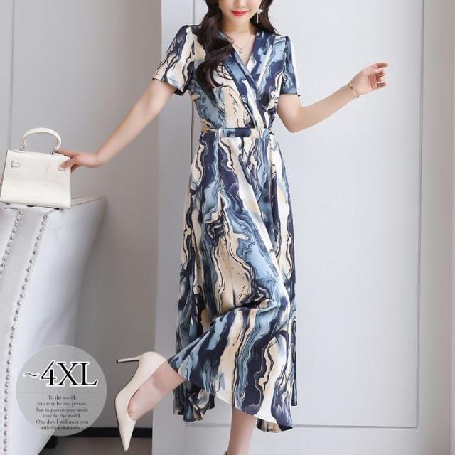 ワンピース 抽象柄 半袖 ウエストマーク カシュクール ロングワンピース ヨーロピアン 食事会 お出かけファッション お出かけ 清楚 ワンピース 抽象柄 半袖 ウエストマーク カシュクール ロング