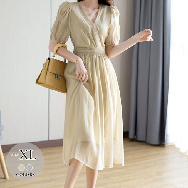 ワンピース Vネック ギャザー フリル ウエストシェイプ 膝下丈 ロマンティック ナチュラル デート 上品 きれいめ フェミニン 女子会 女子旅 ワンピース Vネック ギャザー フリル ウエストシェイプ 膝下丈