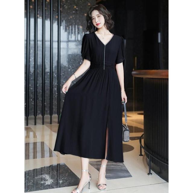 ワンピース 半袖 Vネック スリット ビジュー 袖デザイン 無地 シンプルデザイン ガーリー 上品 休日スタイル かわいい キレイ目 食事会 ワンピース 半袖 Vネック スリット ビジュー 袖デザイン 無地 シンプル