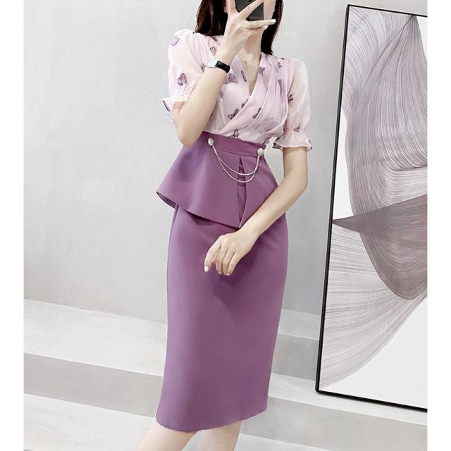 ワンピース ドッキングワンピ パフスリーブ 袖口フリル カシュクール ビジュー 上品 ペプラム 蝶 女子旅 ママスタイル ガーリー 美人 ワンピース ドッキングワンピ パフスリーブ 袖口フリル カシュクール