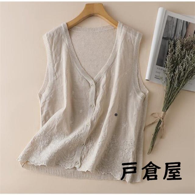 ベスト レディース ニット夏 綿麻 サマーベスト 切替 レース ニット編み ノースリーブ 薄手の通販は 4,659円