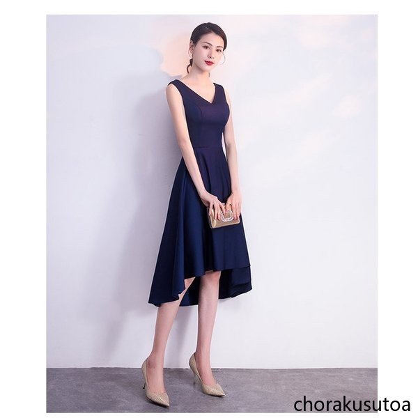 パーティードレス 結婚式 ドレス 袖なし 卒業式 大人 ドレス ミディアム丈 ウェディング 前下がり 紺色 リボン付きドレス パーティー お呼ばれドレス_4