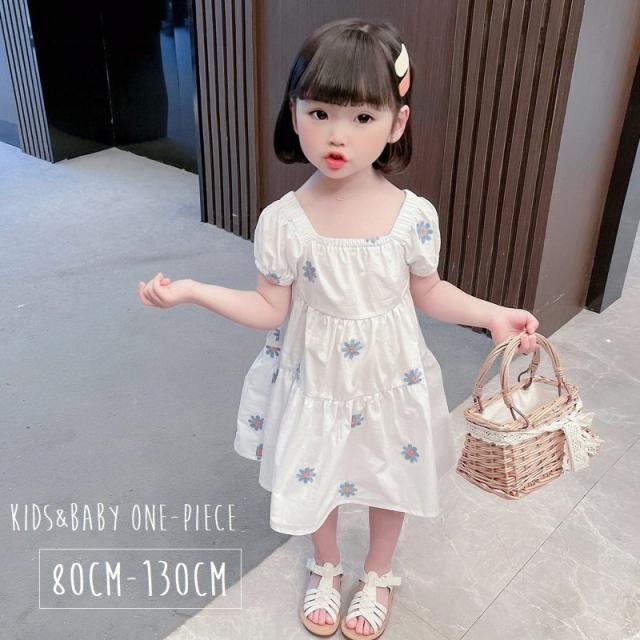 ワンピース フレア ティアードワンピース Aライン キッズ 子供服 ベビー 女の子 半袖 パフスリーブ スクエアネック 薄手 膝丈 ミディアム丈 花柄