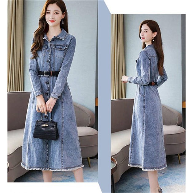 45R デニムシャツロングワンピース　長袖　フレア　Aライン　インディゴ 45R デニムシャツロングワンピース 長袖 フレア Aライン インディゴ