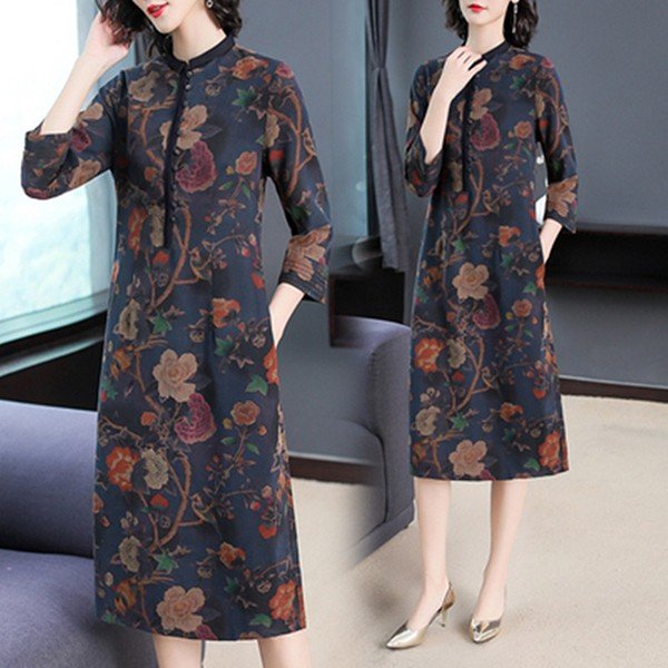 ワンピース レディース 40代 春秋 きれいめ 長袖 ロング丈ワンピース 花柄 チュニック 大きいサイズ パーティードレス 韓国風 おしゃれ 着痩せ 上品 通勤 新品の通販は 6,205円