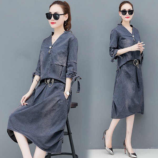 セットアップ レディース 春秋 カジュアル 40代 韓国風 コーデ 長袖 2点セット トップス Vネック デニムスカート 大きいサイズ おしゃれ 上品 着痩せ OL 新品の通販は 5,900円