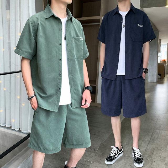 メンズ無地上下セット長袖シャツショートパンツカジュアル メンズ無地上下セット長袖シャツショートパンツ春夏
