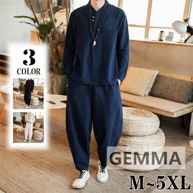 セットアップ メンズ ジャージ リネン 刺繍 サルエルパンツ 麻 スウェット 五分袖 上下セット カジュアル 無地 部屋着 大きいサイズ 春夏の通販は
