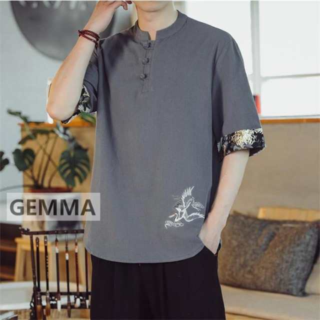 Tシャツ トップス メンズ  リネンシャツ  半袖 丸ネック 夏物 麻 tシャツ メンズTシャツ  カジュアル おしゃれ 動物 刺繍 新作 民族風 花火大会 お祭りの通販は