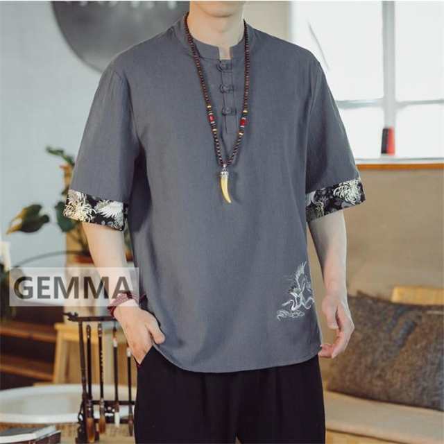 Tシャツ トップス メンズ  リネンシャツ  半袖 丸ネック 夏物 麻 tシャツ メンズTシャツ  カジュアル おしゃれ 動物 刺繍 新作 民族風 花火大会 お祭りの通販は