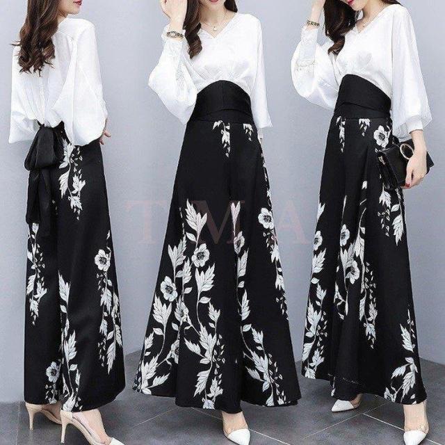 セットアップ レディース きれいめ 春秋 40代 30代 韓国風 上下セット シフォンセット 花柄 パフスリーブ vネック 長袖 着痩せ 通勤 オシャレ カジュアルの通販は