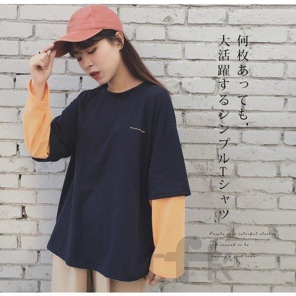 2020 春 新作 セール Tシャツ 長袖 重ね着風 配色 おしゃれ ゆったり ドロップショルダー オーバーサイズ レディース ロンt カットソー トップス 吸汗速乾 2020 春 新作 セール Tシャツ 長袖 重ね着風 配色 おしゃれ