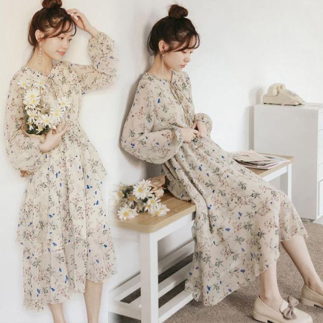 ワンピース レディース 40代 ワンピース 花柄 Vネック 秋 きれいめ マキシワンピース 上品 リネン 長袖 着痩せ 通勤 旅行ドレス お出かけ 大人韓国風の通販は 5,950円