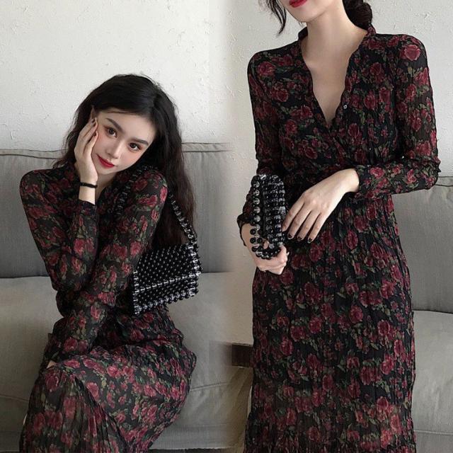 ワンピースドレス レディース 春秋 膝丈ワンピーススカート 花柄 長袖 ロング丈ワンピース きれいめ 結婚式 ドレス 着痩せ オシャレ30代 40代 50代の通販は