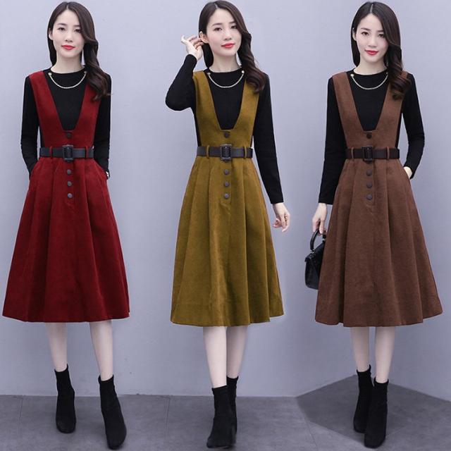 ワンピースセットアップ レディース 40代 秋冬新作 長袖ニットトップス  無地 サロベットスカート フレアワンピースセットアップ オシャレ 大人 着痩せ 上品の通販は 6,996円