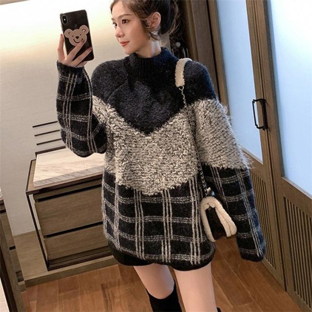 ニット セーター レディース トップス 秋冬 きれいめ 長袖 チェック柄 配色 大きいサイズ ゆったり オシャレ 復古風 カジュアル ニット 厚手 暖かい 2色の通販は 5,394円