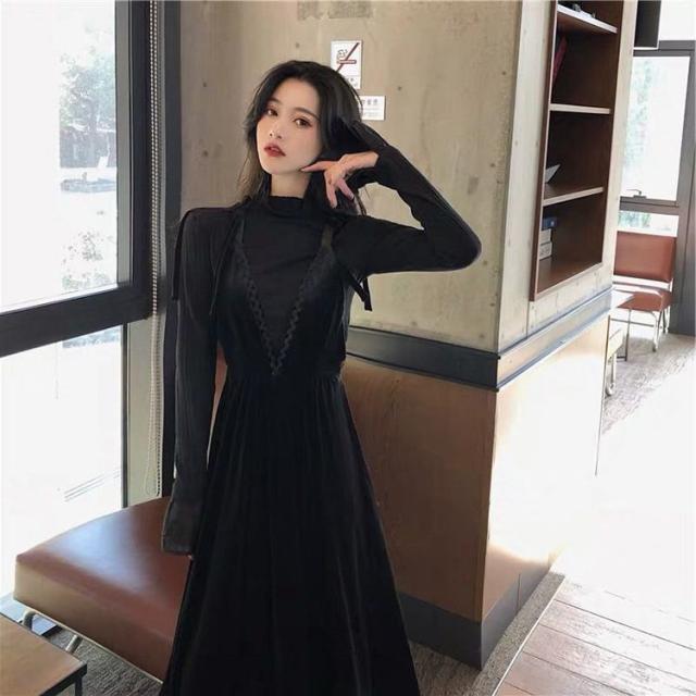 セットアップ 長袖 ミモレ丈 ベルベット ゴールドリボン 黒 ベロア ロング ワンピース セットアップ ベルベット レディース