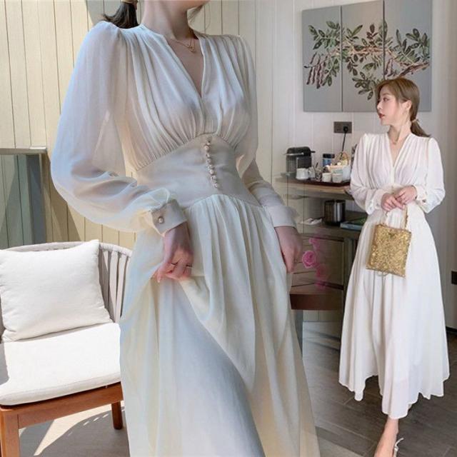 ワンピース レディース 40代 春秋 マキシ丈ワンピース 長袖 vネックワンピース 白 シフォン Aライン ロング丈 オシャレ 通勤 二次会 結婚式ドレス 着痩せの通販は