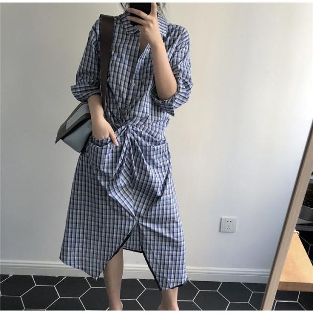 ワンピース レディース 40代 きれいめ チェック柄 春夏 五分袖 vネック ロング丈ワンピース 韓国風 通勤 OL  着痩せ ワンピースの通販は 5,445円