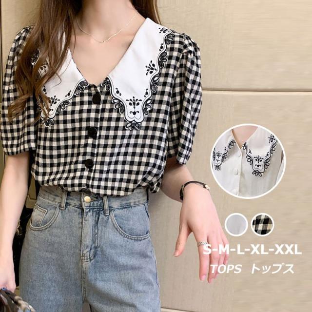 ブラウス レディース 夏 おしゃれ 半袖 パフスリーブ チェック 切り替えブラウス 韓国chic シャツ Tシャツトップス通勤 着痩せ 新作 シャツ ブラウス レディース チェック柄 韓國ファッション 長袖