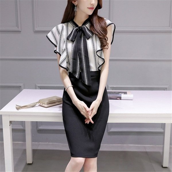 ワンピース　夏　ドレス　通勤服　縞模様　春　ストライプ　仕事　OL　フリルスリープ　膝丈　ミディアム丈の通販は 5,340円