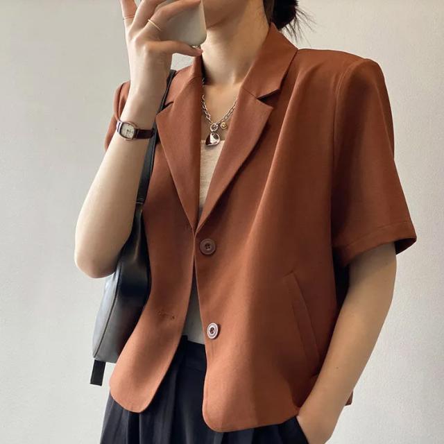 超美品 MIESROHE ブラウン 半袖テーラードジャケット Sサイズ S-LL】さらりと着たい大人のための 麻調半袖ジャケット