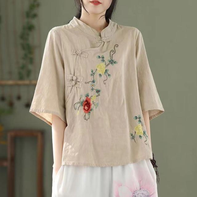 リネン100% ヴィンテージ 花柄刺繍チャイナブラウス　半袖　ホワイト 夏服 刺繍ブラウス チャイナブラウス 送料無料 花柄刺繍ブラウス