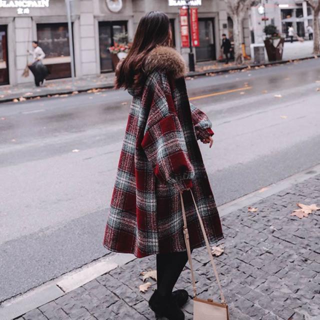 秋冬物 コート レディース ロングコート ファーフード付き アウター ロング丈 グレンチェック チェック柄 ゆったり 体型カバー 冬 冬服 秋冬物 コート レディース ロングコート ファーフード付き アウター