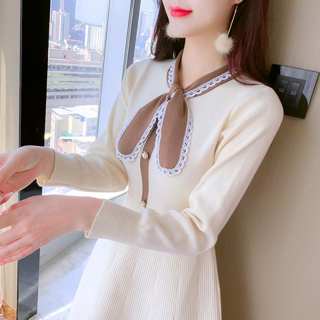 リボン付きニットワンピース お嬢様 ワンピース フレア