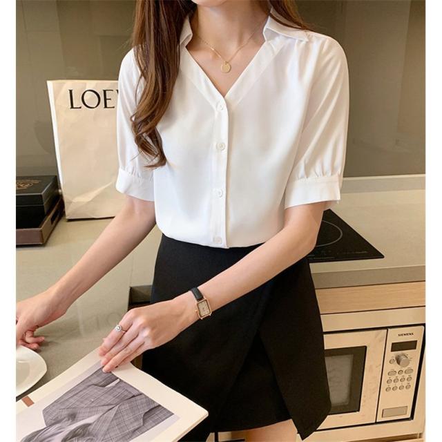 ブラウス レディース シャツ 夏 半袖   Vネック トップス シフォン 白  上品 通勤 シルク風 大人 OL オフィス ビジネス オシャレ 30代 40代 50代 ブラウス レディース 白 オフィス 夏 おしゃれ 半袖 40代 仕事