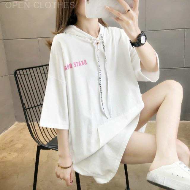 セイーワイ] ゆったり 大きいサイズ 半袖パーカー Tシャツ レディース 切り替え スウェット トップス カジュアル ロゴプリント プリント 文芸  薄手 mYG6MPx2ph