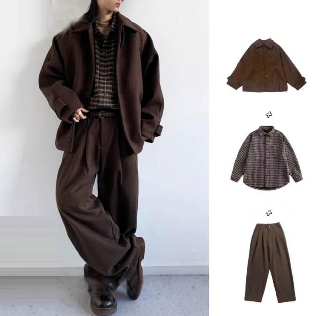 秋冬 セットアップ 3点セット メンズ ブラウン チェックシャツ